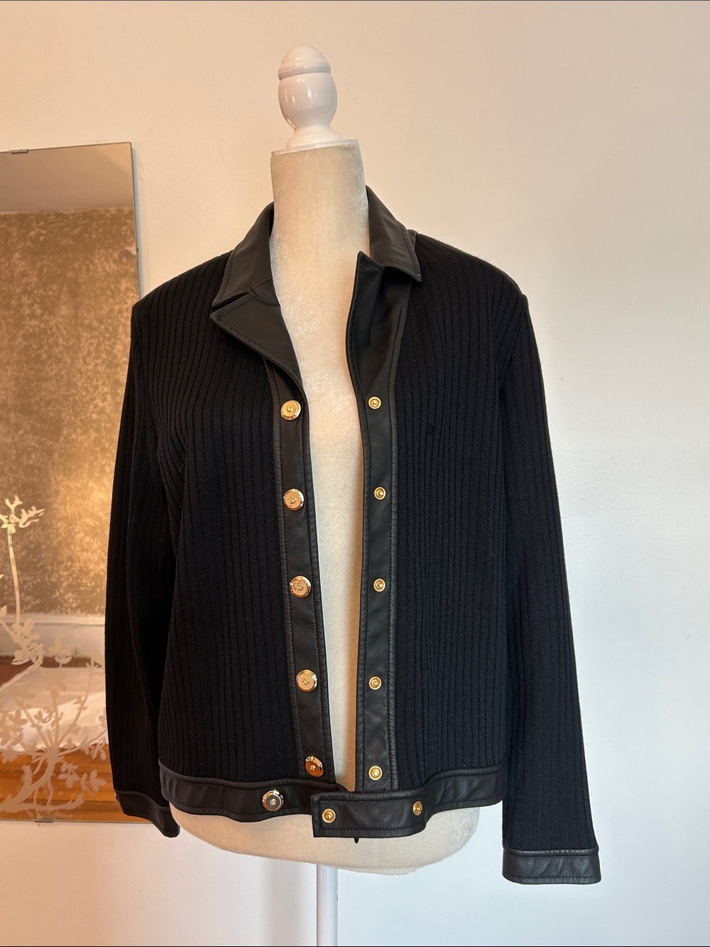 St. John Black Ribbed Knit Jacket with Gold Buttons
